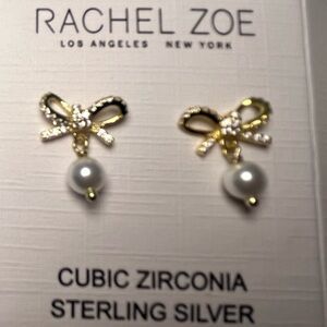 Gold Plated Sterling Silver and CZ Rachel Zoe Bow & Pearl Stud Earrings